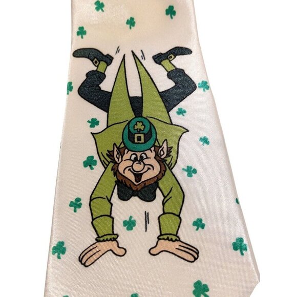 Happy Leprechaun Mens Necktie St Patricks Day Irish Shamrock White Green Tie - Picture 2 of 4